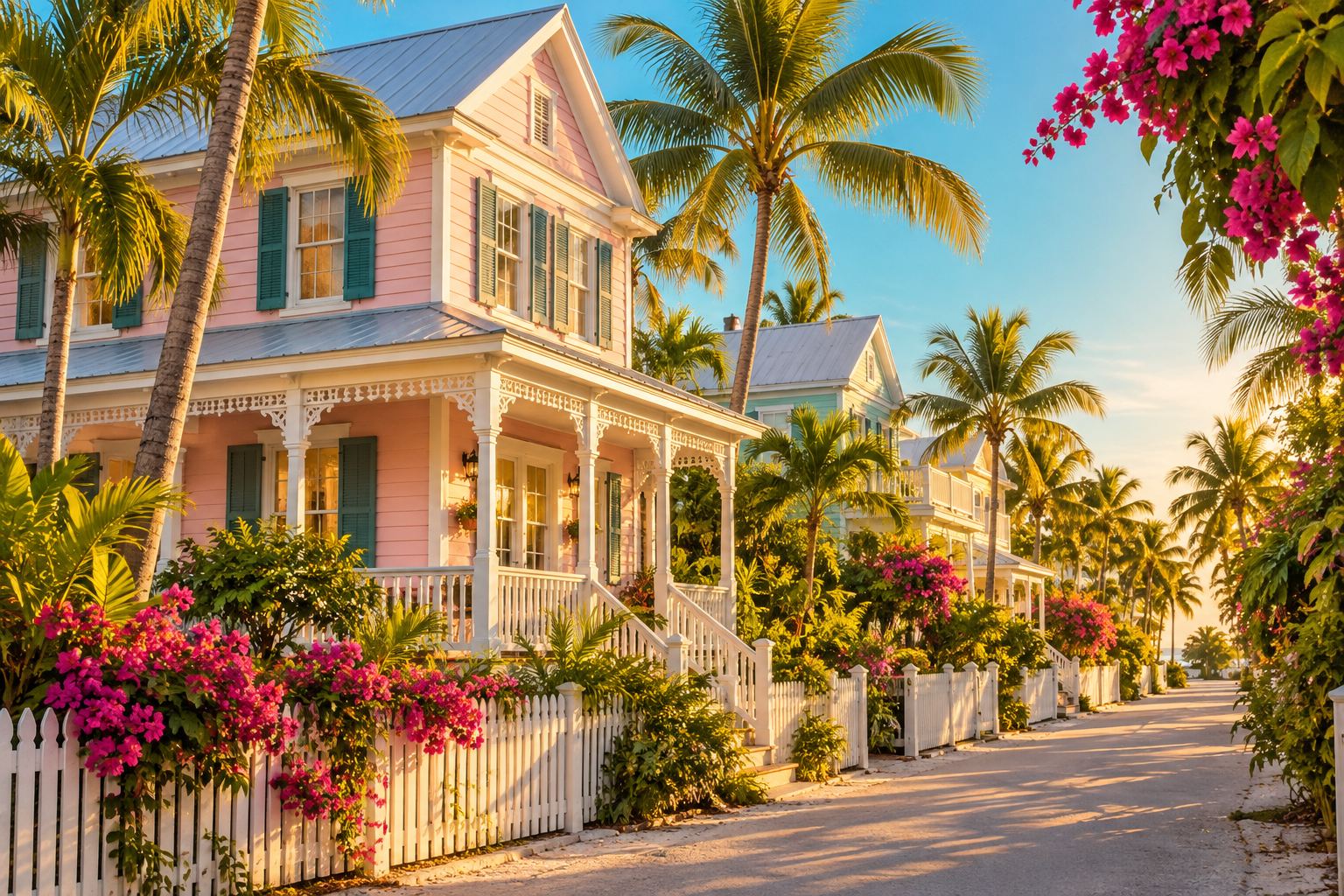 A pastel Key West conch style home with palms, illustrative