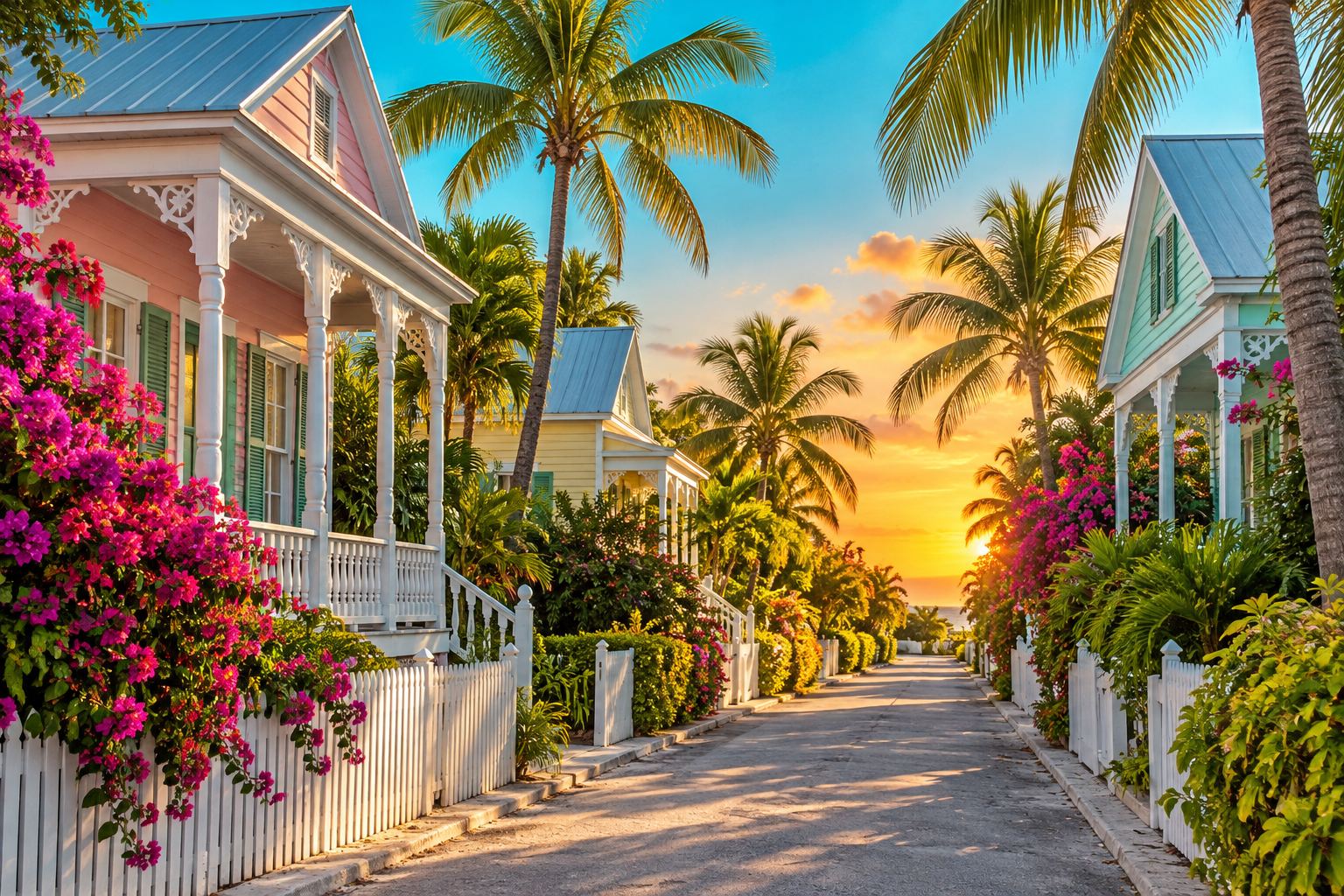 A Key West residential street at sunset, illustrative