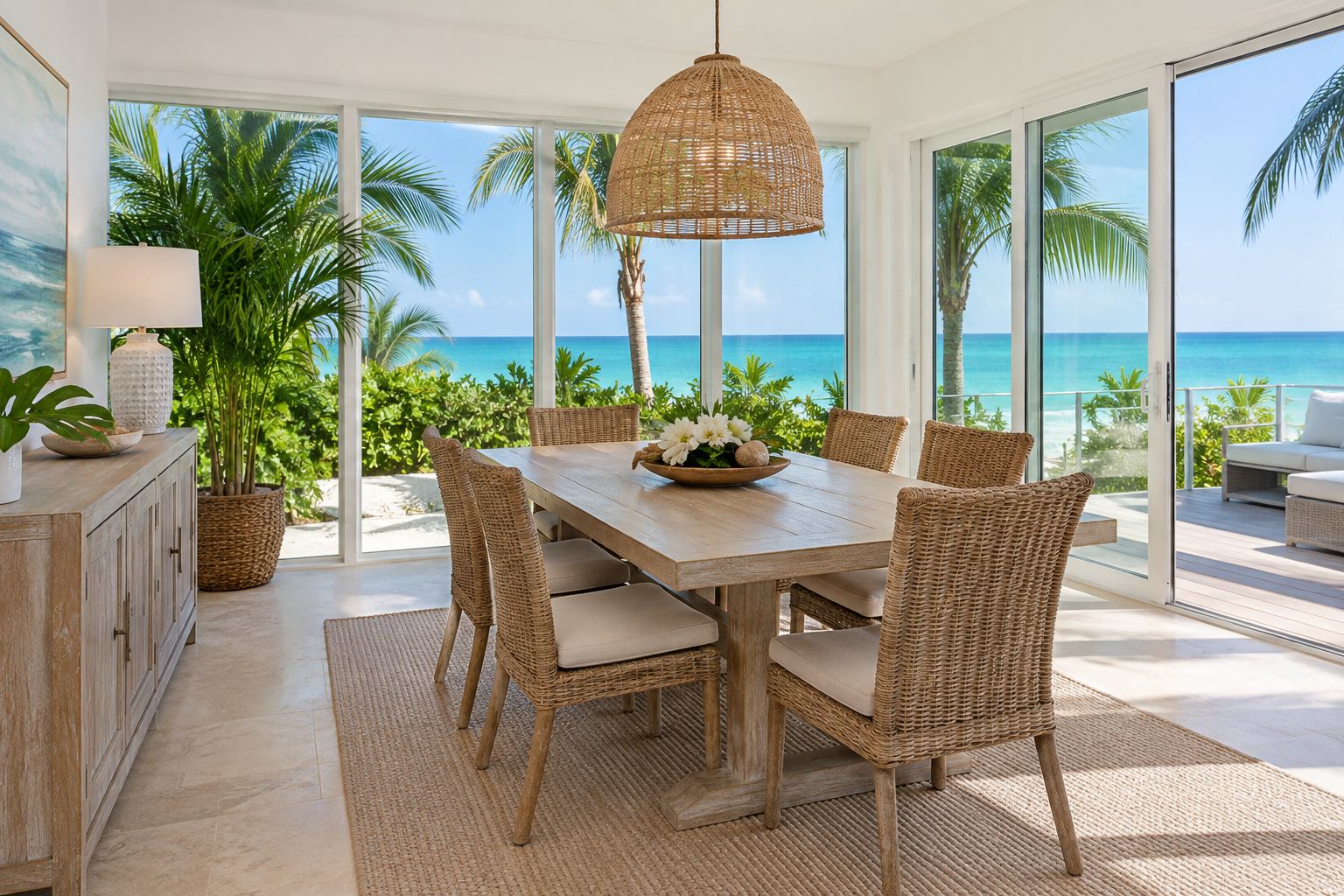 A bright dining room, illustrative